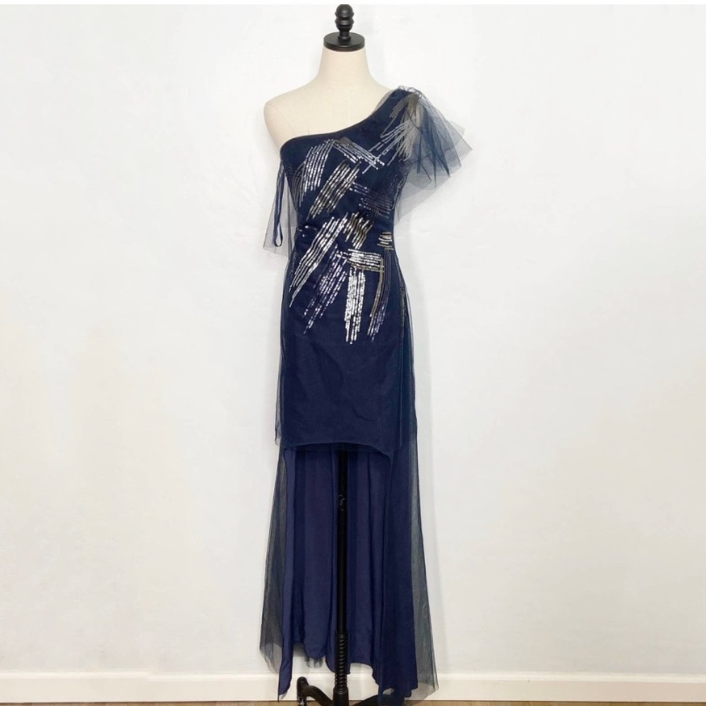 NWT BCBG Malia Sequin Tulle High Low Formal Dress Sz 12